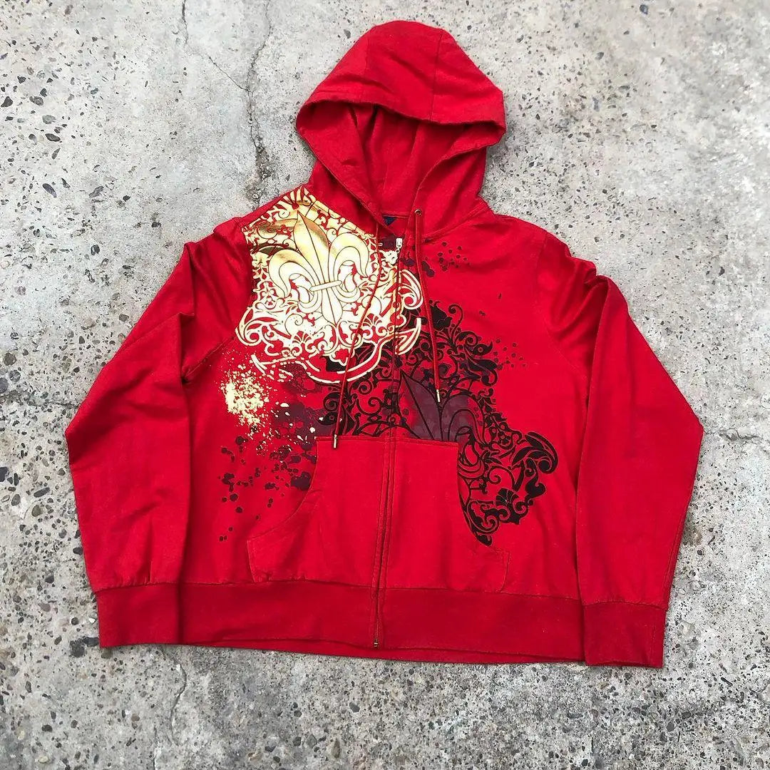 Red retro hip-hop street Y2K printed oversized zipper hoodie for women goth gold printed casual loose sports top jacket