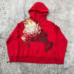 Red retro hip-hop street Y2K printed oversized zipper hoodie for women goth gold printed casual loose sports top jacket