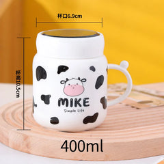 Cartoon Cow Mirror Mug Cute Cow Spotted Ceramic Water Bottle with Handle