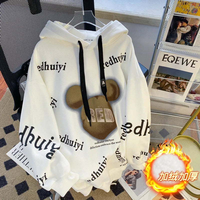 Autumn Letters Drawstring Hooded Top Fashionable Hoodies Plus Fleece Sweatshirt Women