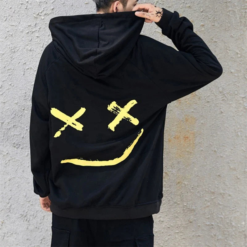 Men Smiling Face Hoodie: Stylish Spring  Autumn Fashion with Two-Tone Splicing