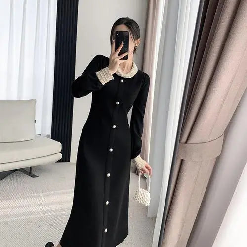 Chic Pearl Black Knit Dress for Women 2024 Autumn Winter