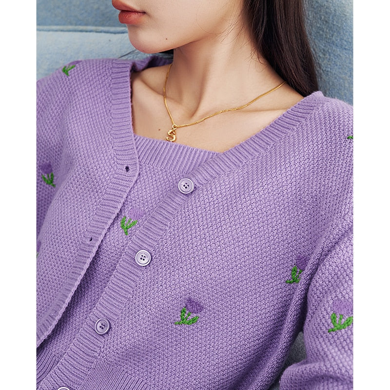 Sweaters Women Knit Cardigan Spring Long Sleeves V Neck Loose Floral Embroidery Purple