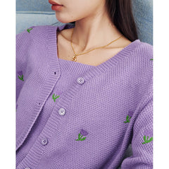 Sweaters Women Knit Cardigan Spring Long Sleeves V Neck Loose Floral Embroidery Purple