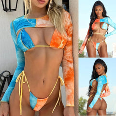 Bikini Set Tie Dye Printed Swimsuit Women Sexy With Long-Sleeved Tops