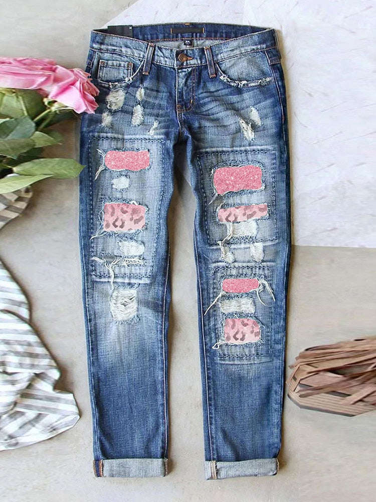 Women's Wide Leg Jeans with Ripped Hole, Plaid Patch, Patchwork, and Cargo Elements