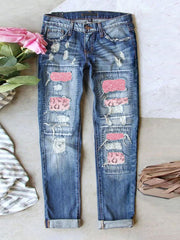 Women's Wide Leg Jeans with Ripped Hole, Plaid Patch, Patchwork, and Cargo Elements