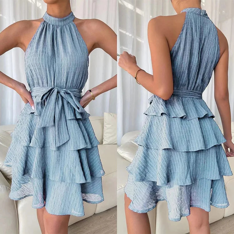 Ruffle Design Dress Halter Neck Dress Casual Sweet Style Dress Grace Sleeveless