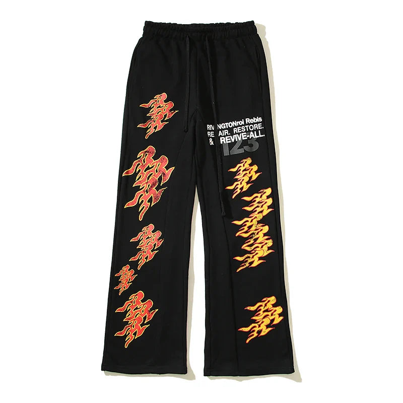 RRR123 Style Flame Distressed Sweatpants Men Sports