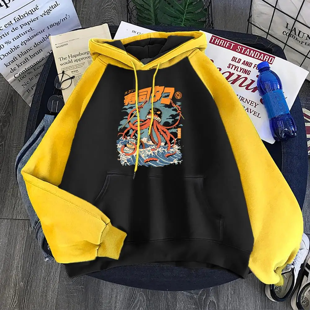 Printing Sweatshirts Pocket Spliced Fleece Pullovers Loose Warm Comfortable Neutralstreetwears