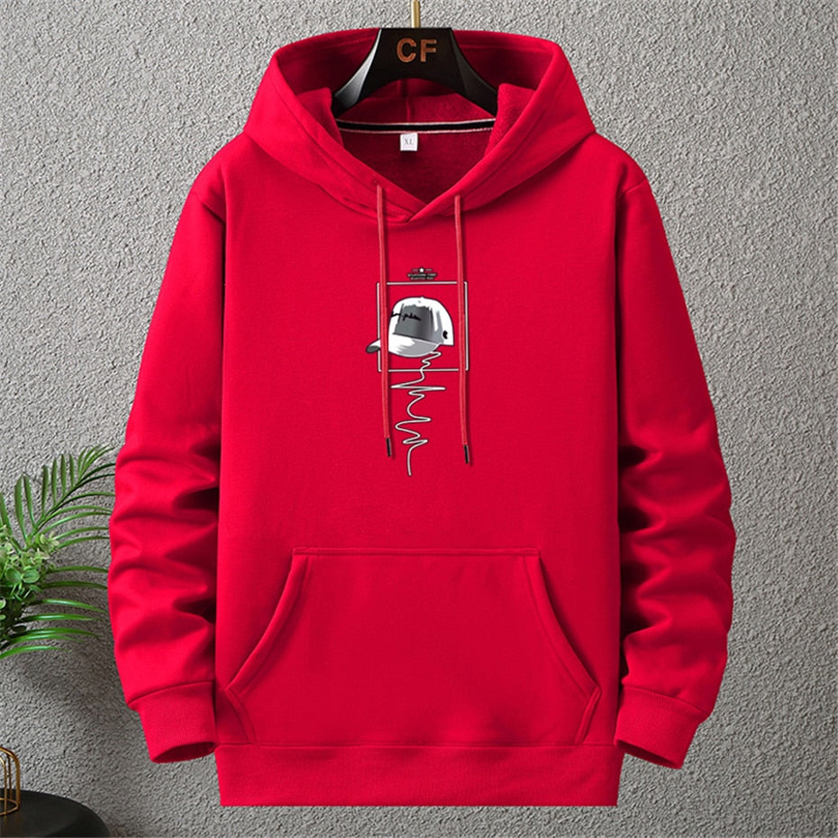 Autumn Winter Thick Fleece Hoodie Men Print Hooded Pullover Big Size Loose Hoodies Blue