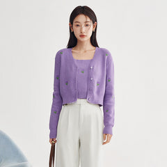 Sweaters Women Knit Cardigan Spring Long Sleeves V Neck Loose Floral Embroidery Purple