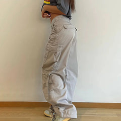 Y2K Vintage Cargo Fashion Streetwear Low Waist Wide Leg Straight Trousers Big Pockets