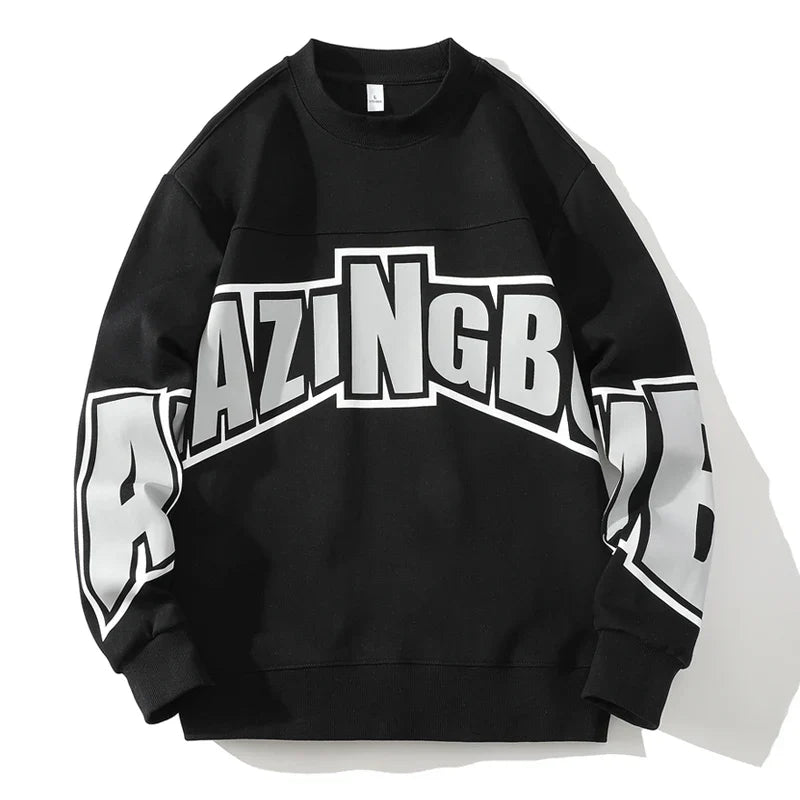 Spring Vibes Men Loose-Fitting Letter Top Round Neck Sweater for Autumn Comfort