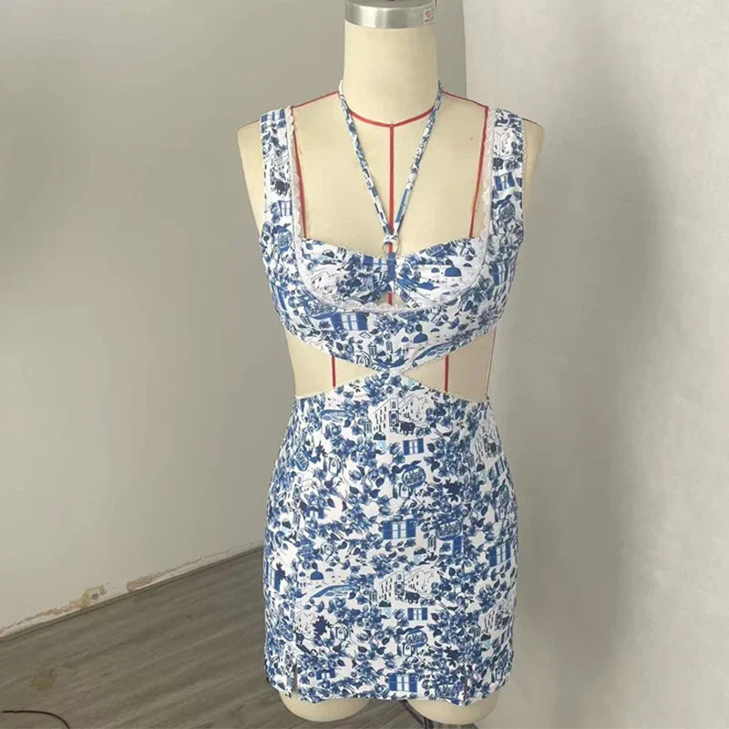 Suspender Printed Lace Hollow Out Slit Beach Holiday Swimwear For Female