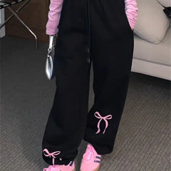 Korean Fashion Fleece Sweatpants Women Y2K Bow Print Brushed Oversized Winter