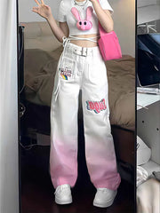 Street Hip Hop American Retro Gradient Pink Jeans High Waist Zipper Button Pocket