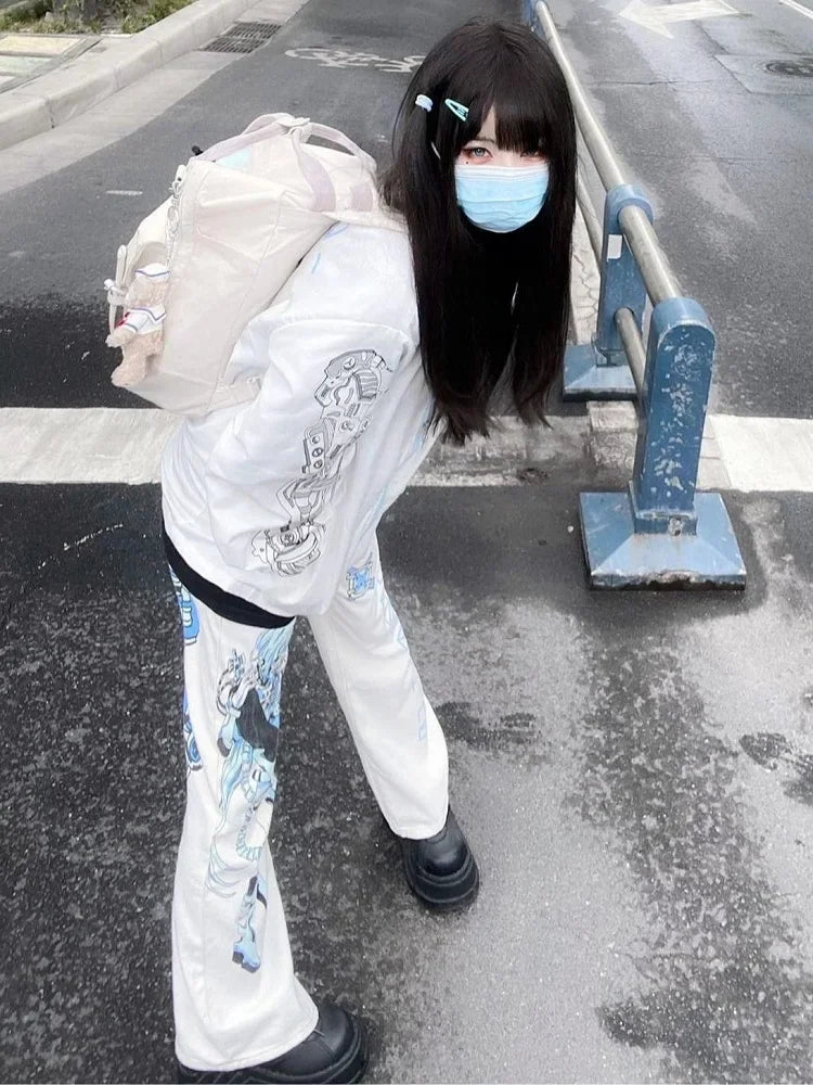 Y2K Anime Print White Pants Women Harajuku Wide Leg Trousers