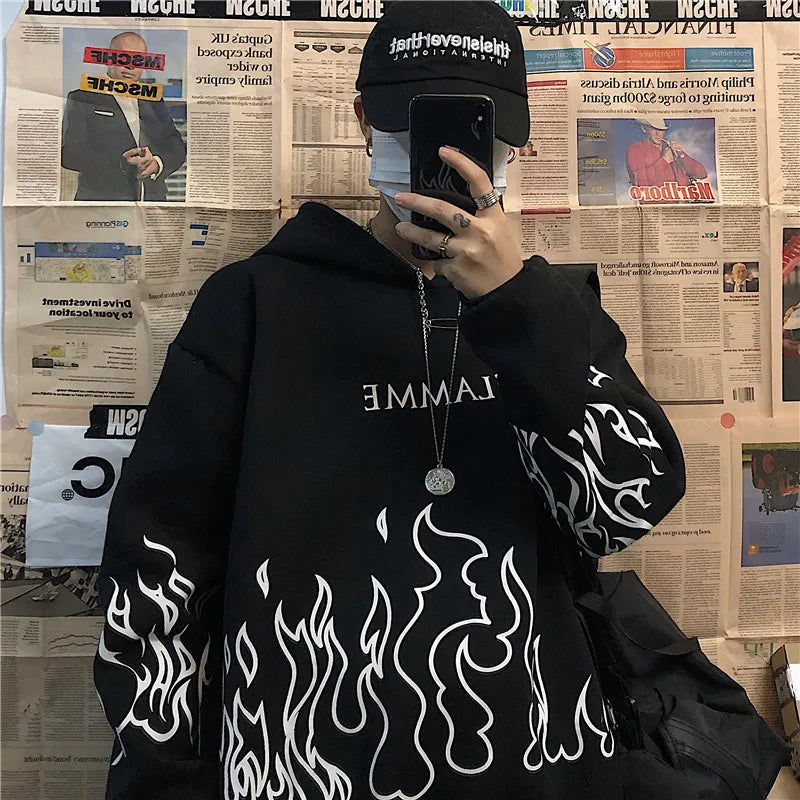 Retro Flame Print Hoodies Women Autumn Tops