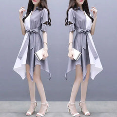 Striped Spliced Bandage Bow Asymmetrical Casual Dresses Women Clothing 2024