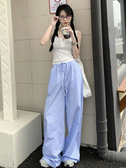 Y2K Blue Striped Wide Legs, Vintage High-Waist Pants