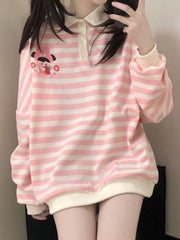 Sweatshirt Pink Striped Woman Japanese Cute Cartoon Print Polo Collar Pullover