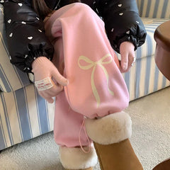 Y2K Bow Print Fleece Sweatpants Women Korean Style Fairycore Pink