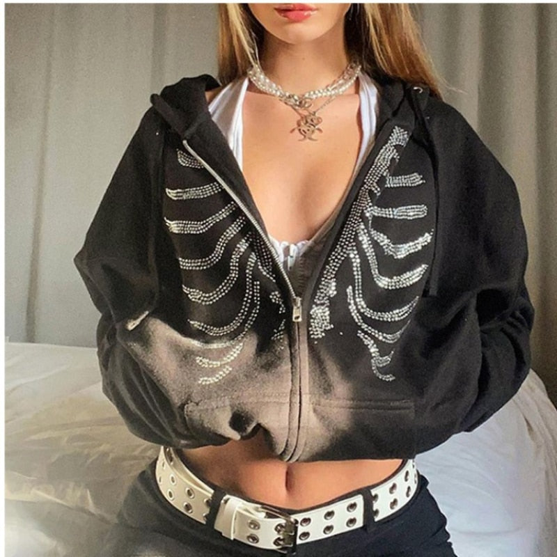 Hoodies Women Gothic Black Butterfly Print Long Sleeve