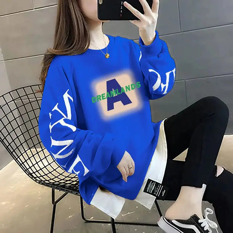 Printed Spliced Fake Two Pieces Sweatshirts 2024 Autumn Winter Loose