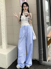 Y2K Blue Striped Wide Legs, Vintage High-Waist Pants