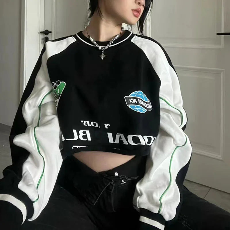 Y2K Letter Print Crop Sweatshirt Women Spring Fashion Patchwork Hoodie