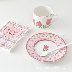 INS Wind Pink Tulip Ceramic Coffee Cup Dish Set Duplex French