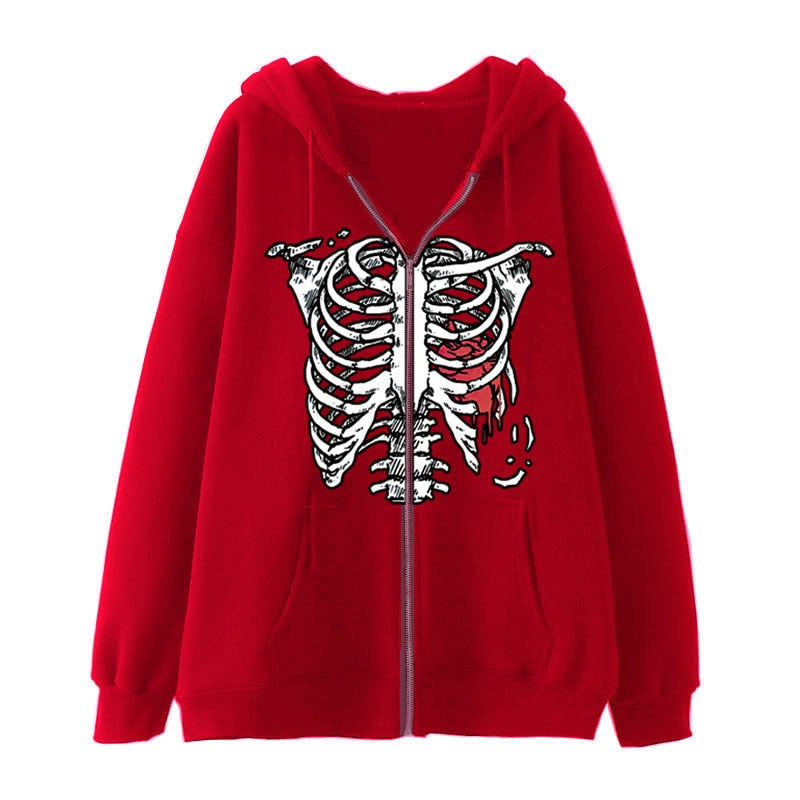 Y2K Dark Skull Skeleton Zip Up Hoodie Men's Oversized Jackets, Gothic Couple's Harajuku Fashion Sweatshirt