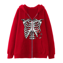 Y2K Dark Skull Skeleton Zip Up Hoodie Men's Oversized Jackets, Gothic Couple's Harajuku Fashion Sweatshirt