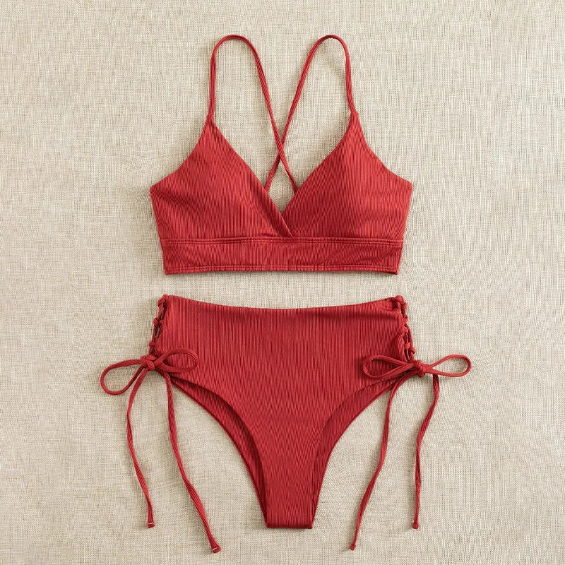 Cikini V-Neck Lace Up Bikini - Solid Color Swimwear