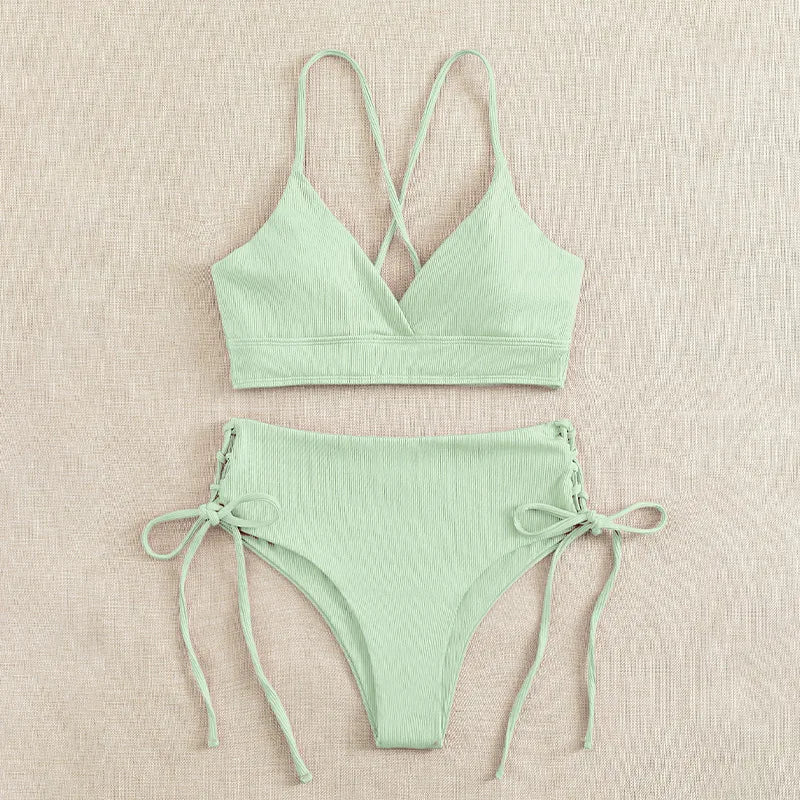 Cikini V-Neck Lace Up Bikini - Solid Color Swimwear