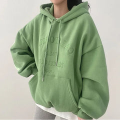 2024 Korean Streetwear: Chic Green Pullover Hoodie for Women