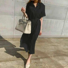 Summer Cotton and Linen Long Dress Polo Neck