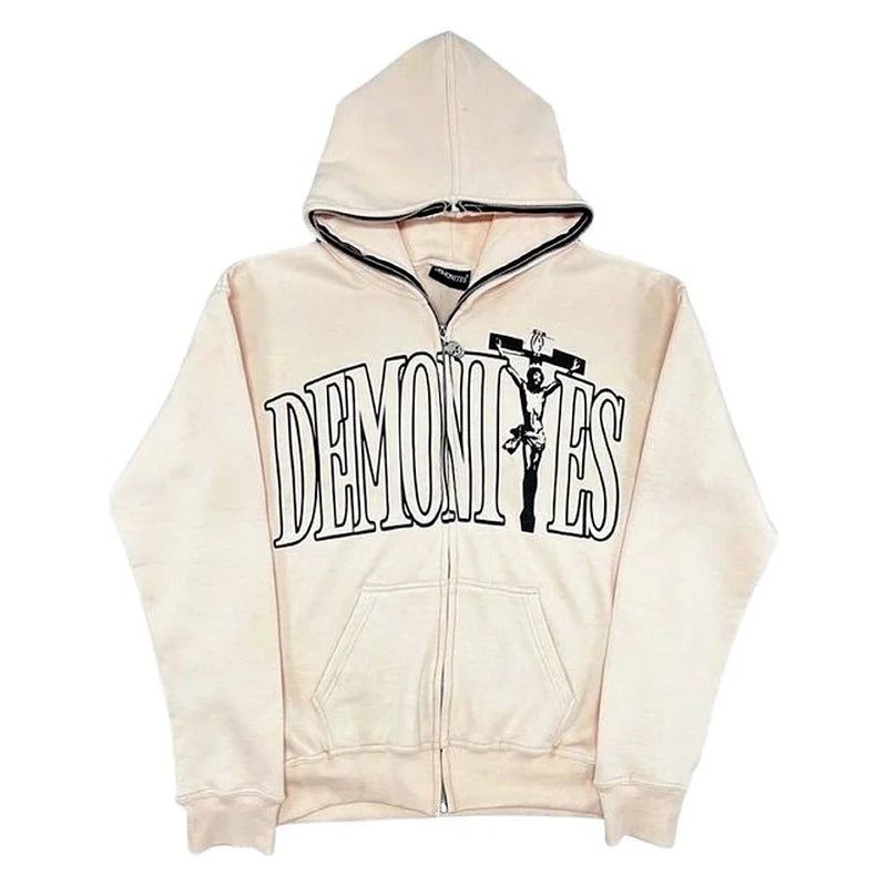 Letter Jesus Print Oversized American Retro Street Trend Zipper Hoodie Women Casual Loose