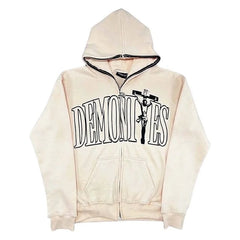 Letter Jesus Print Oversized American Retro Street Trend Zipper Hoodie Women Casual Loose