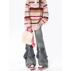 Y2k Vintage Flare Jeans Women Bow Patchwork Korean Streetwear Baddies Denim
