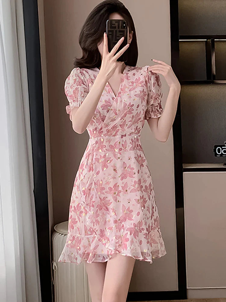 2024 Pink Floral Chiffon Sequins Prom Clothes Women Short Sleeve V-Neck Casual