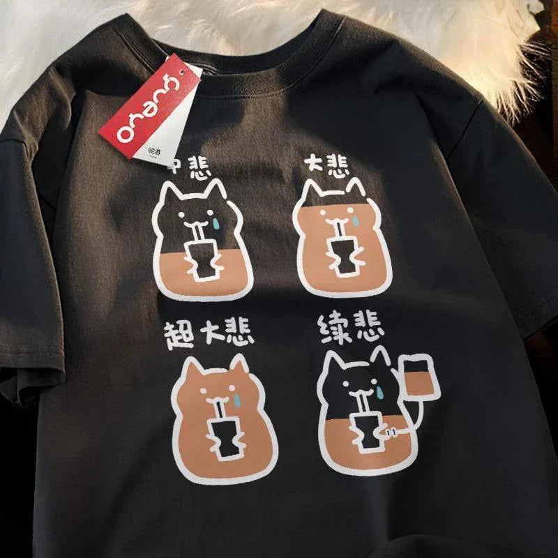 Purrfect Perk: Cozy Cat Coffee Tee with Slouchy Sleeves and Eye-Catching Design