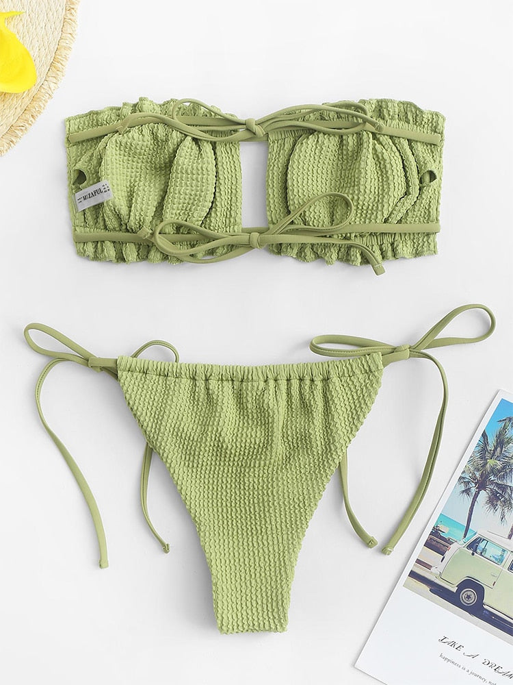 Bikini Swimwear Two Piece Strapless Solid Cut Out Low Waisted Sexy Bathing