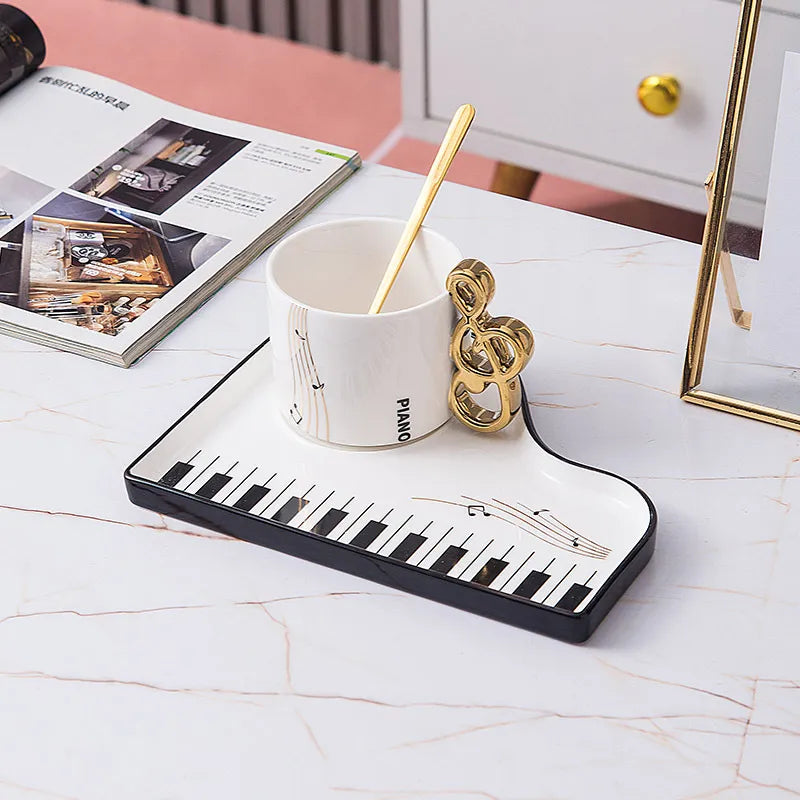 Black & White Piano Ceramic Mug Set: Heat-resistant with Saucer and Spoon