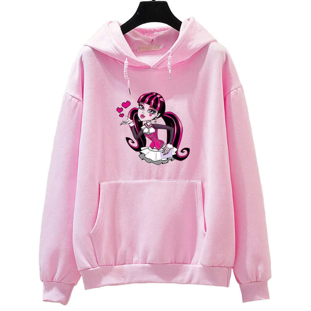 M-Monster High Casual Hoodies Long Sleeve Winter Cartoon Sweatshirts Girls Kawaii Printing Pullovers