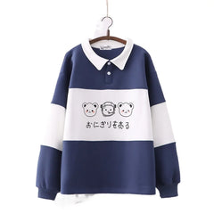 2023 Autumn Kawaii Cartoon Bear Sweatshirt - Fleece, Fake Two-Piece with Turndown Collar