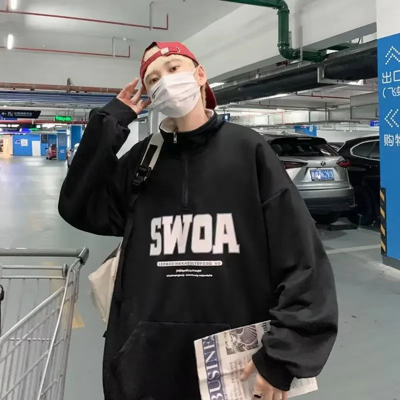 Streetwear Sweatshirt Autumn Letter Print Long Sleeve Hoodie Collar Zipper