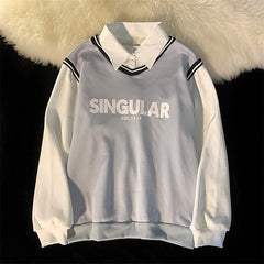 Women's Sweatshirts Preppy Style Fleece Pullover: Full Sleeve Length, Letter Pattern, Cotton-Polyester Blend, Loose Fit, Turn-down Collar