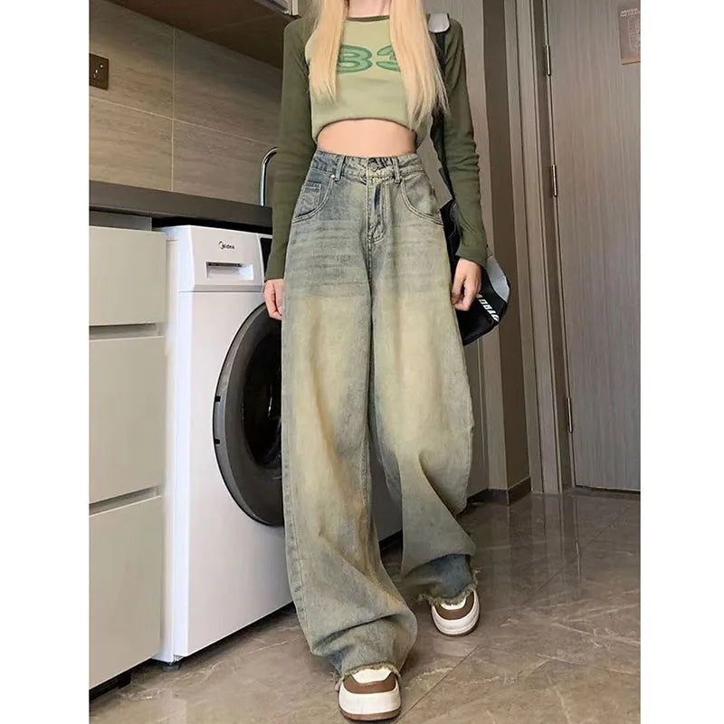 Y2K Vintage Denim Trousers Woman Korean Fashion High Waist Straight